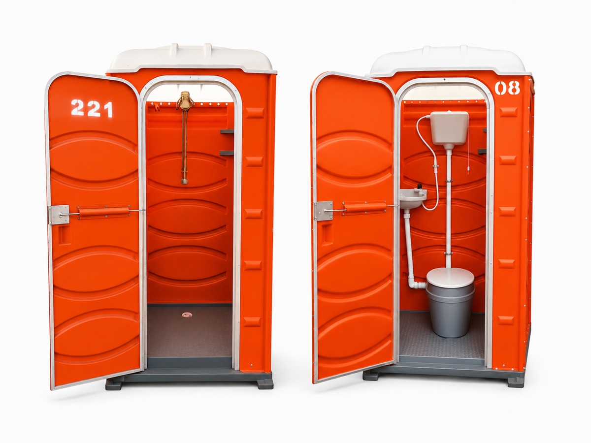 Ducha portátil e banheiro orgânico rede publica laranja para locação em obras e eventos em Maringá e região - OZ Locações
